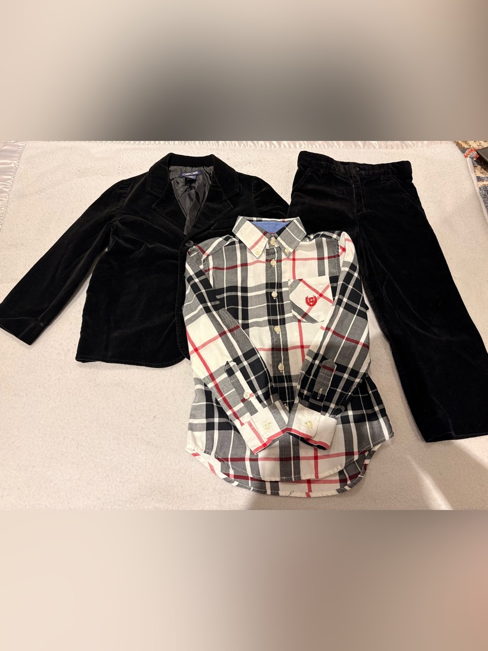 Toddler Boys 4T Black Velvet Suit Jacket and Pants and Plaid Shirt